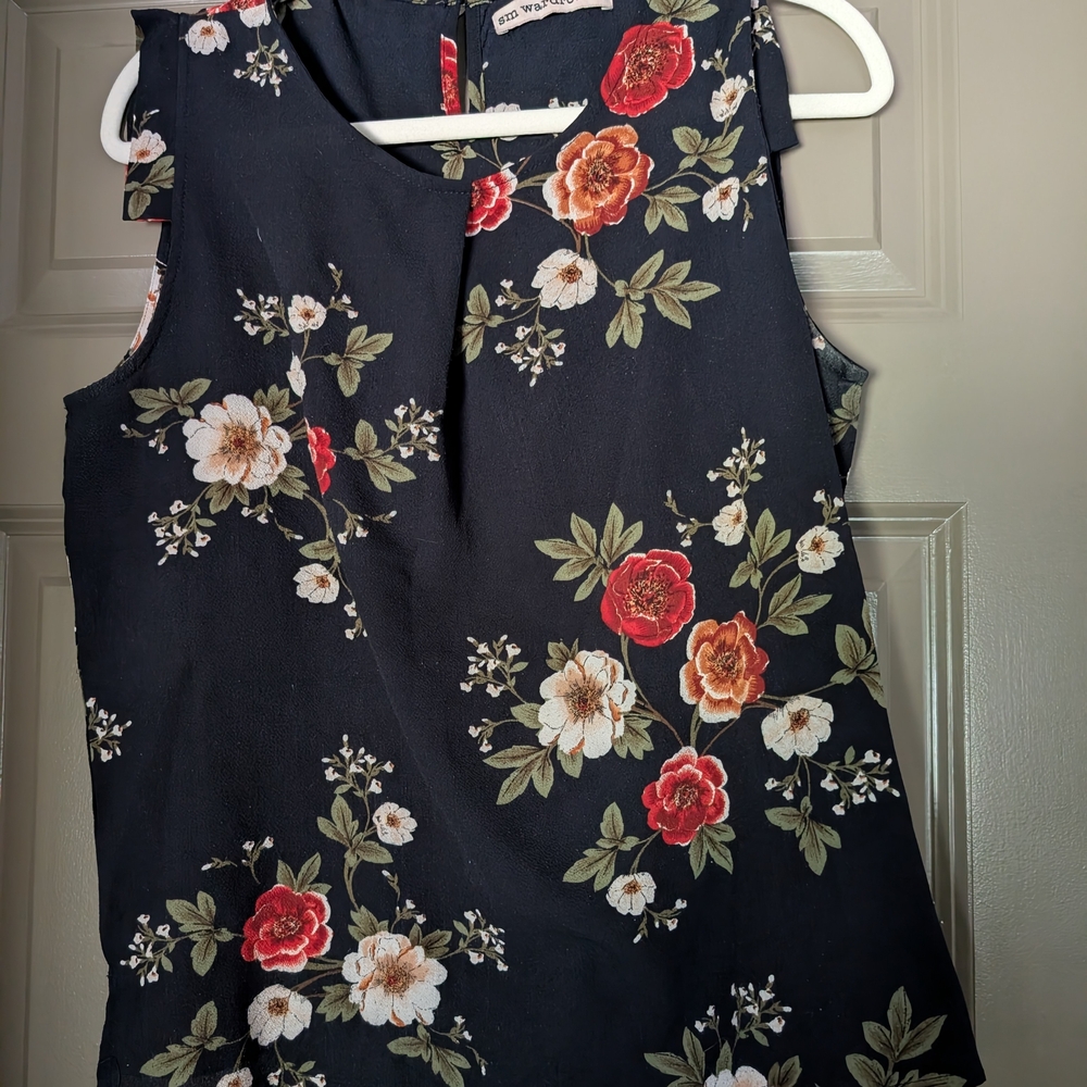 Floral Sleeveless Blouse - Black with Red and White Flowers